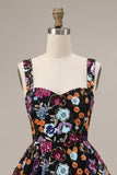 Black Sequin Floral A Line Short Homecoming Dress