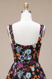Black Sequin Floral A Line Short Homecoming Dress
