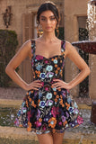 Black Sequin Floral A Line Short Homecoming Dress