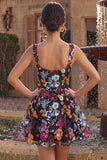 Black Sequin Floral A Line Short Homecoming Dress