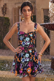 Black Sequin Floral A Line Short Homecoming Dress