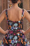 Black Sequin Floral A Line Short Homecoming Dress