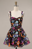 Black Sequin Floral A Line Short Homecoming Dress