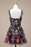 Black Sequin Floral A Line Short Homecoming Dress