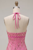 Fuchsia Halter Sequin Bodycon Homecoming Dress