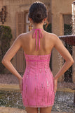 Fuchsia Halter Sequin Bodycon Homecoming Dress