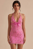 Fuchsia Halter Sequin Bodycon Homecoming Dress