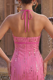 Fuchsia Halter Sequin Bodycon Homecoming Dress