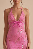 Fuchsia Halter Sequin Bodycon Homecoming Dress