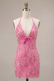 Fuchsia Halter Sequin Bodycon Homecoming Dress