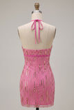 Fuchsia Halter Sequin Bodycon Homecoming Dress