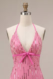 Fuchsia Halter Sequin Bodycon Homecoming Dress