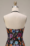 Halter Black Sequin Floral Short Homecoming Dress