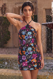 Halter Black Sequin Floral Short Homecoming Dress