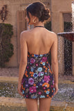 Halter Black Sequin Floral Short Homecoming Dress