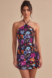 Halter Black Sequin Floral Short Homecoming Dress