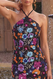 Halter Black Sequin Floral Short Homecoming Dress