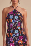 Halter Black Sequin Floral Short Homecoming Dress