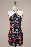 Halter Black Sequin Floral Short Homecoming Dress