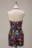 Halter Black Sequin Floral Short Homecoming Dress