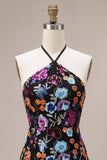 Halter Black Sequin Floral Short Homecoming Dress