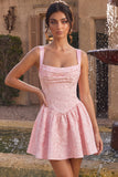 Pink Jacquard A Line Short Homecoming Dress with Lace-up Back