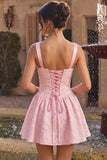 Pink Jacquard A Line Short Homecoming Dress with Lace-up Back