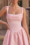 Pink Jacquard A Line Short Homecoming Dress with Lace-up Back