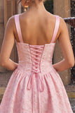 Pink Jacquard A Line Short Homecoming Dress with Lace-up Back