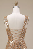 Gold Mirror Sequin Bodycon Short Homecoming Dress with Split