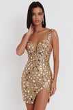 Gold Mirror Sequin Bodycon Short Homecoming Dress with Split