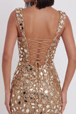 Gold Mirror Sequin Bodycon Short Homecoming Dress with Split