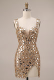 Gold Mirror Sequin Bodycon Short Homecoming Dress with Split