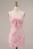 Sequin Pink Bodycon Short Homecoming Dress with Bow