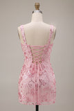 Sequin Pink Bodycon Short Homecoming Dress with Bow