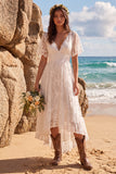 Boho White Lace A Line High-Low Engagament Dress with Flutter Sleeves