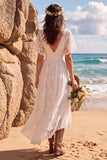 Boho White Lace A Line High-Low Engagament Dress with Flutter Sleeves