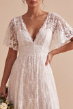 Boho White Lace A Line High-Low Engagament Dress with Flutter Sleeves