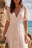 Boho White Lace A Line High-Low Engagament Dress with Flutter Sleeves
