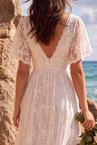 Boho White Lace A Line High-Low Engagament Dress with Flutter Sleeves