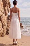 White A Line Tulle Engagament Dress with Appliques