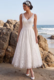 White Lace A-Line V-Neck Midi Engagement Dress