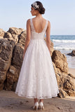 White Lace A-Line V-Neck Midi Engagement Dress
