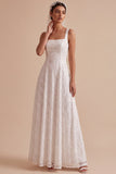 White Square Neck A Line Appliqued Long Engagement Dress