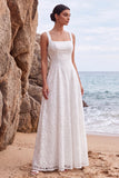 White Square Neck A Line Appliqued Long Engagement Dress