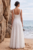 White Square Neck A Line Appliqued Long Engagement Dress