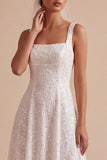 White Square Neck A Line Appliqued Long Engagement Dress