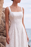 White Square Neck A Line Appliqued Long Engagement Dress