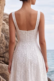 White Square Neck A Line Appliqued Long Engagement Dress