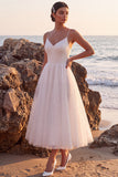 Glitter White A Line V Neck Midi Engagement Dress